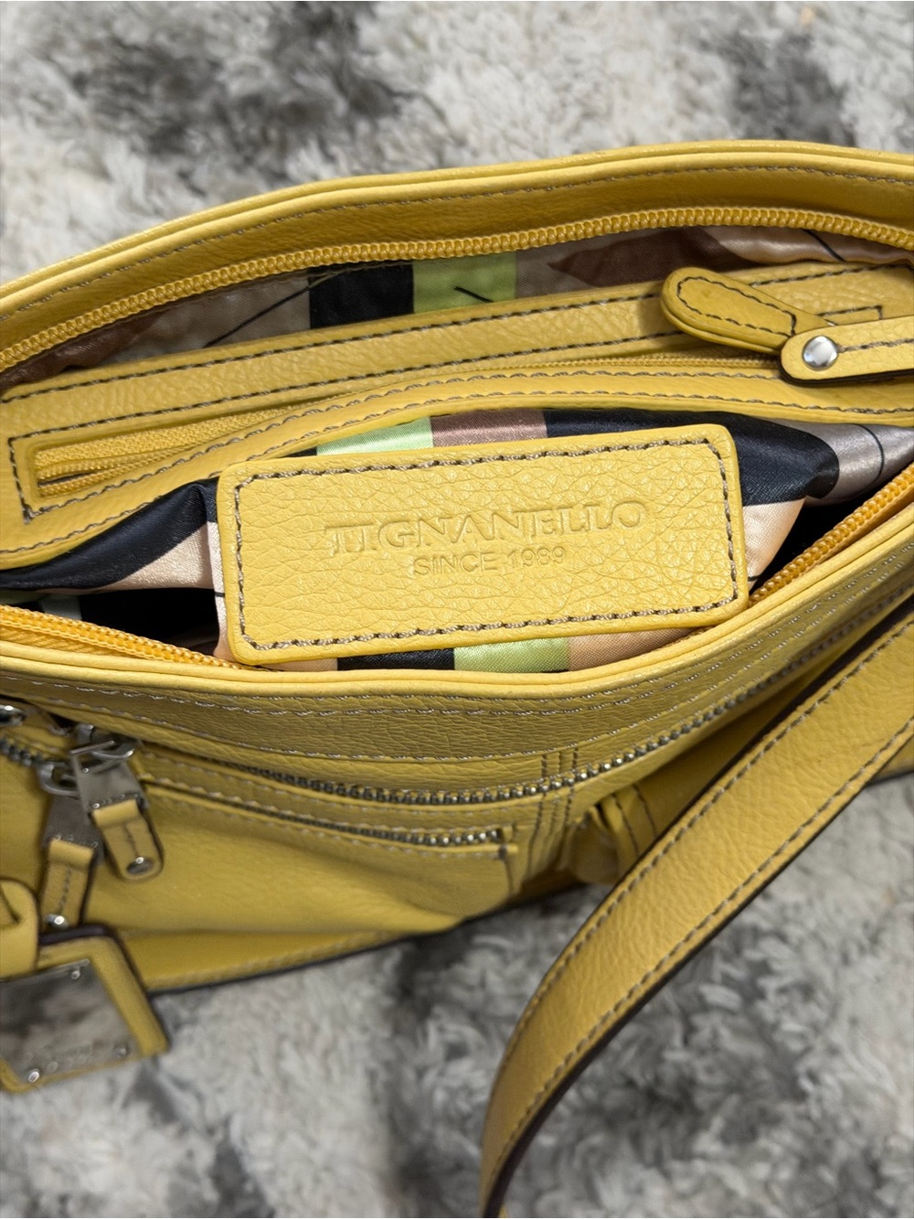 Tignanello Yellow Pebbled Leather Crossbody Bag Multi Pocket Zip - Picture 9 of 13